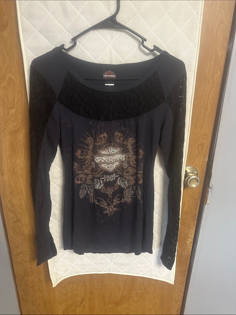 Harley-Davidson Black Long Sleeve Lace Yoke Graphic Top